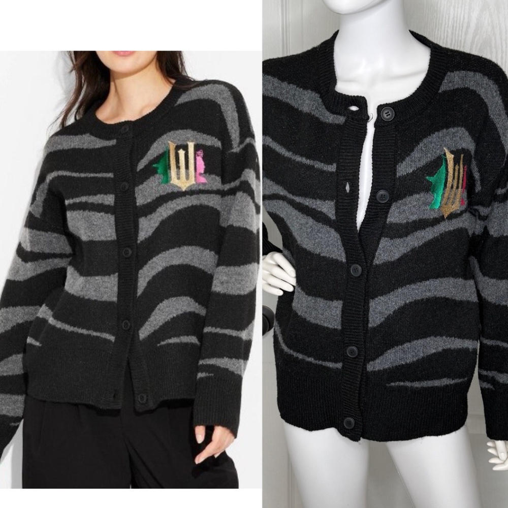 Paul Tazewell Wicked Sz M Black/Grey Stripe Button Cardigan embroidered Graphic